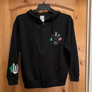 Wicked Black zip up hoodie Jacket with Green and Pink Accents